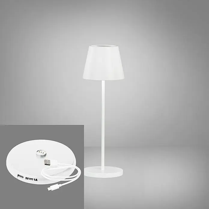 FHL easy Akku-Tischleuchte COSENZA 2.0 - 2 W, L x B x H: 11 x 11 x 34 cm, Sandweiß, RGB - Eine stilvolle, kabellose LED-Tischleuchte in Weiß mit USB-Ladefunktion, ideal für jeden Nachttisch oder Schreibtisch.