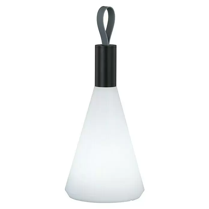 FHL easy Akku-Tischleuchte PRIAN - 1,5 W, L x B x H: 13 x 13 x 31,5 cm, Schwarz, Warmweiß - Tragbare Leuchte mit weißem konischem Diffusor, schwarzem Zylinder und grauem Griff.