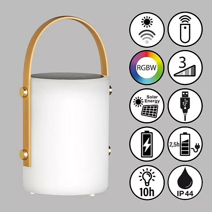 FHL easy Akku-Tischleuchte BARI - 0,5 W, L x B x H: 11,5 x 11,5 x 24 cm, Weiß, RGB - Weiße tragbare LED-Laterne mit Holzgriff und Golddetails, mit smartem RGBW-Licht, Solar-/USB-Laden und IP44-Schutz.