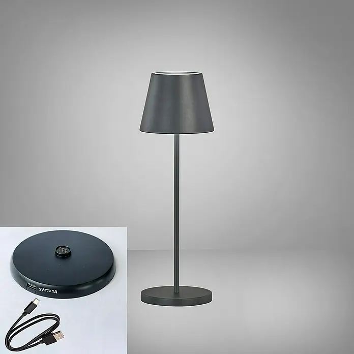 FHL easy Akku-Tischleuchte COSENZA 2.0 - 2 W, L x B x H: 11 x 11 x 34 cm, Sandschwarz, RGB - Eine elegante, kabellose Tischleuchte in Anthrazit, inklusive Ladestation und USB-Kabel, für stimmungsvolle Beleuchtung.