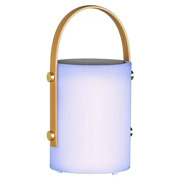 FHL easy Akku-Tischleuchte BARI - 0,5 W, L x B x H: 11,5 x 11,5 x 24 cm, Weiß, RGB - Tragbare zylindrische Laterne mit transluzentem weißen Korpus, gewölbtem Holzgriff und goldenen Befestigungen.