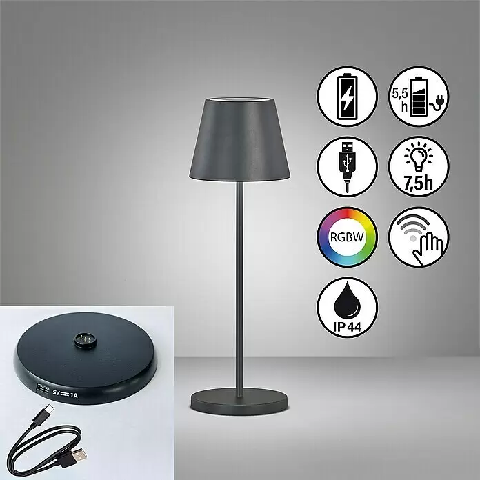 FHL easy Akku-Tischleuchte COSENZA 2.0 - 2 W, L x B x H: 11 x 11 x 34 cm, Sandschwarz, RGB - Dunkelgraue, wiederaufladbare Tischleuchte mit konischem Schirm. USB-Ladestation und Kabel enthalten.