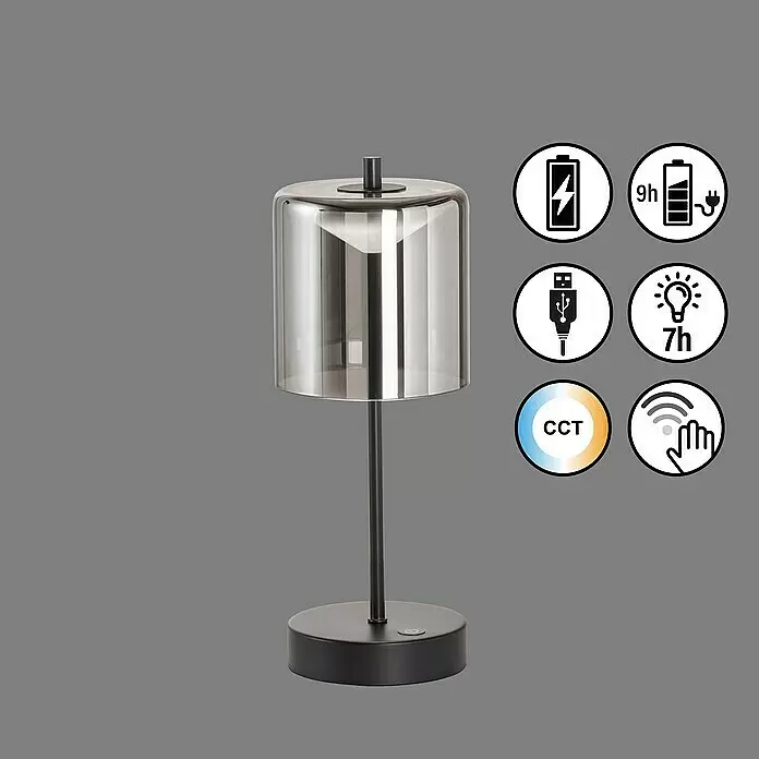 FHL easy Akku-Tischleuchte RIVA - 2 W, L x B x H: 13 x 13 x 34,5 cm, Rauchschwarz/ Sandschwarz, Mehrfarbig - Wiederaufladbare schwarze Tischleuchte mit Rauchglas-Schirm, verstellbarer Lichtfarbe und Touch-Steuerung.