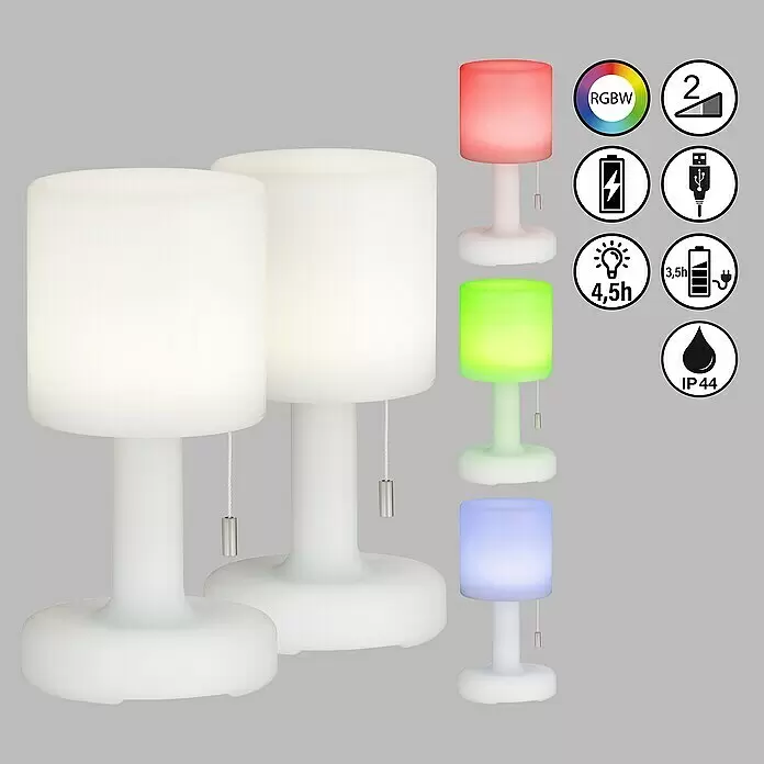 FHL easy Akku-Tischleuchte TERMOLI - 1,5 W, L x B x H: 13 x 13 x 25 cm, Weiß, RGB, 2 Stk. - Zwei weiße RGBW-Zylindertischlampen, dimmbar, akkubetrieben, USB-ladbar, IP44. Dargestellt in Weiß, Rot, Grün, Blau.