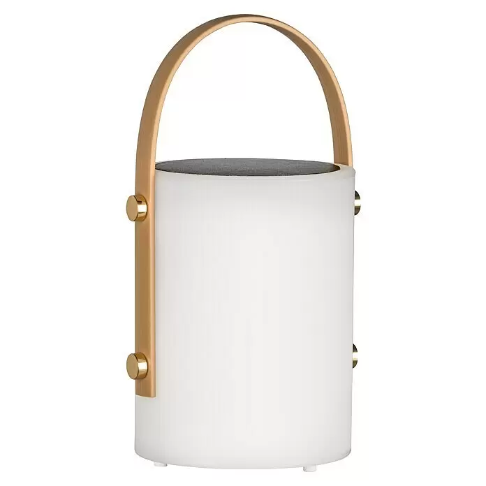 FHL easy Akku-Tischleuchte BARI - 0,5 W, L x B x H: 11,5 x 11,5 x 24 cm, Weiß, RGB - Tragbare Lampe mit weißem zylindrischem Körper, grauer Oberseite und goldenem Bügelgriff.
