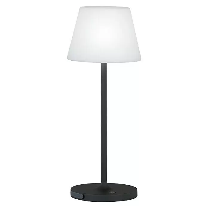 FHL easy Akku-Tischleuchte FLUS - 1,5 W, L x B x H: 15 x 15 x 38 cm, Schwarz, Warmweiß - Moderne Tischlampe mit weißem konischem Schirm und dunkelgrauem zylindrischem Ständer und Fuß.