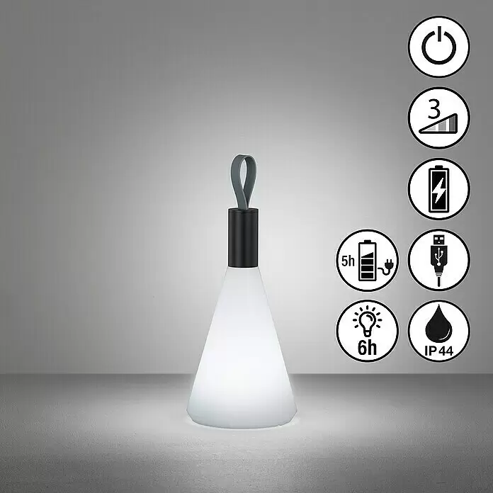 FHL easy Akku-Tischleuchte PRIAN - 1,5 W, L x B x H: 13 x 13 x 31,5 cm, Schwarz, Warmweiß - Tragbare konische Lampe mit leuchtendem weißem Körper, schwarzem Oberteil und grauer Schlaufe. Mit USB-Ladefunktion, 3 Helligkeitsstufen, IP44.