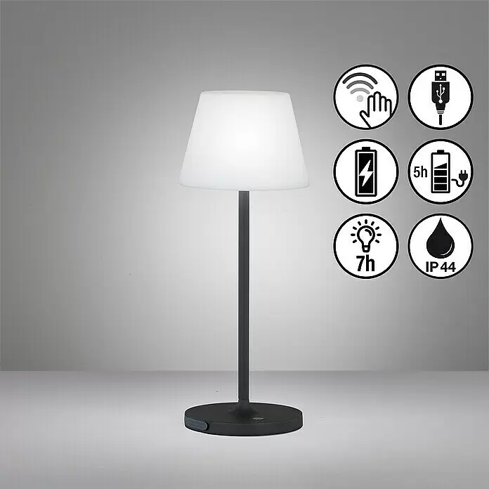 FHL easy Akku-Tischleuchte FLUS - 1,5 W, L x B x H: 15 x 15 x 38 cm, Schwarz, Warmweiß - Schwarze tragbare Tischlampe mit weißem Schirm, Touch-Steuerung, USB-Ladefunktion, 7h Betriebszeit, 5h Ladezeit und IP44 Wasserdichtigkeit.
