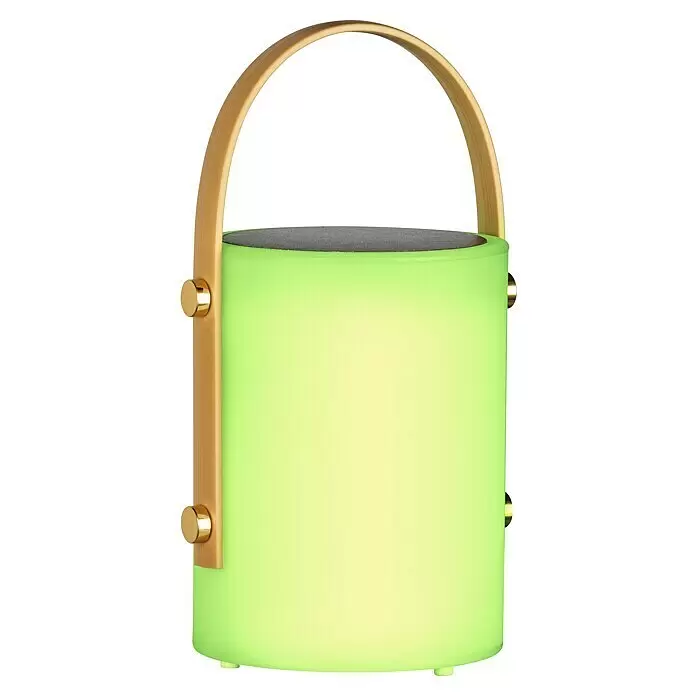 FHL easy Akku-Tischleuchte BARI - 0,5 W, L x B x H: 11,5 x 11,5 x 24 cm, Weiß, RGB - Tragbare zylindrische Lampe mit leuchtend hellgrünem Körper, Holzgriff und goldfarbenen Befestigungen.