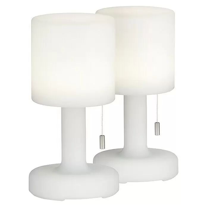 FHL easy Akku-Tischleuchte TERMOLI - 1,5 W, L x B x H: 13 x 13 x 25 cm, Weiß, RGB, 2 Stk. - Paar zylindrischer, weißer Tischlampen mit mattierten Diffusoren und Zugketten aus Metall.