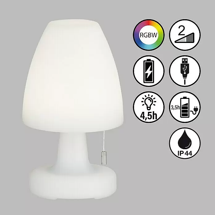 FHL easy Akku-Tischleuchte TERMOLI - 1,5 W, L x B x H: 15 x 15 x 25 cm, Weiß, RGB - Weiße pilzförmige Lampe mit RGBW, 2 Dimmstufen, Akku, USB-Ladefunktion, 4,5h Laufzeit, IP44.