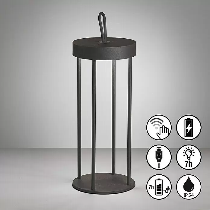FHL easy Akku-Tischleuchte KANTE - 3 W, L x B x H: 13 x 13 x 36 cm, Schwarz, Warmweiß - Dunkelgraue tragbare Laterne mit Käfigdesign und Griff. Symbole zeigen Touch-Steuerung, Akku, USB-Laden, 7h Laufzeit, IP54-Schutz.