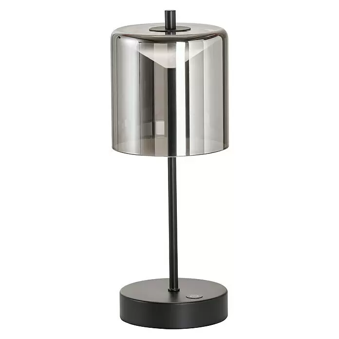 FHL easy Akku-Tischleuchte RIVA - 2 W, L x B x H: 13 x 13 x 34,5 cm, Rauchschwarz/ Sandschwarz, Mehrfarbig - Schwarze Tischlampe mit zylindrischem, dunkel transparentem Schirm, schlankem schwarzem Ständer und rundem schwarzem Sockel mit Einschaltknopf.