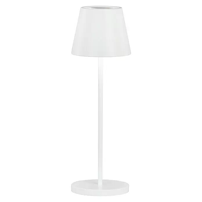 FHL easy Akku-Tischleuchte COSENZA 2.0 - 2 W, L x B x H: 11 x 11 x 34 cm, Sandweiß, RGB - Weiße Tischlampe mit konischem Schirm, zylindrischem Ständer und rundem Fuß.