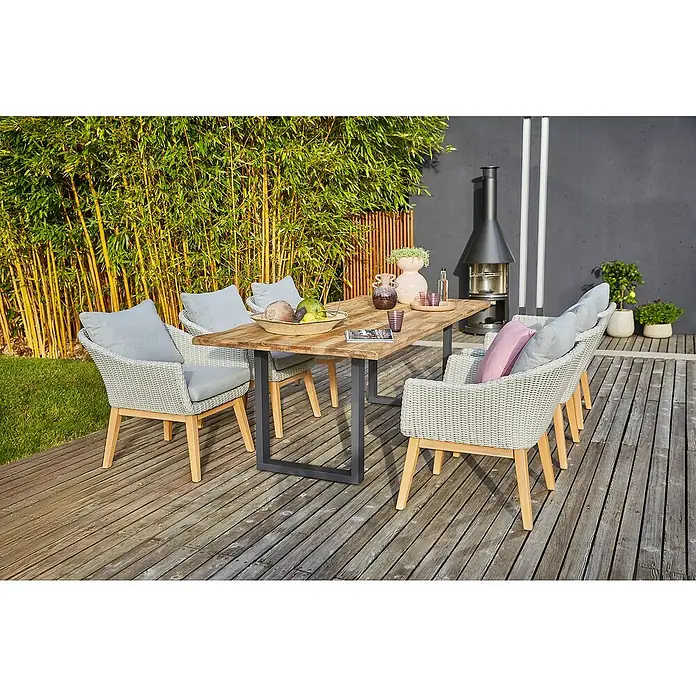 Sunfun Paula Gartenmöbel-Set XL - 8 -tlg., Baumkante/U-Gestell, Teak/Edelstahl/Polyrattan/Aluminium, Teak/Grau/Naturbraun - Einladender Außenbereich mit Esstisch und Rattansesseln mit weichen Kissen, ideal für entspannte Stunden im Garten oder auf der Terrasse.