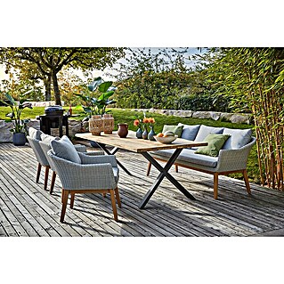 Sunfun Paula Gartenmöbel-Set XL (6 -tlg., Baumkante/X-Gestell + Paula Sofa, Teak/Edelstahl/Polyrattan/Aluminium, Teak/Grau/Naturbraun)