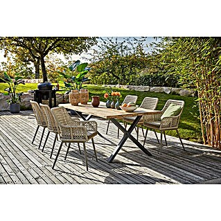 Sunfun Gartenmöbel-Set Zoe Dining (8 -tlg., Baumkante/X-Gestell, Teak/Edelstahl/Kunststoffgeflecht, Teak/Grau)