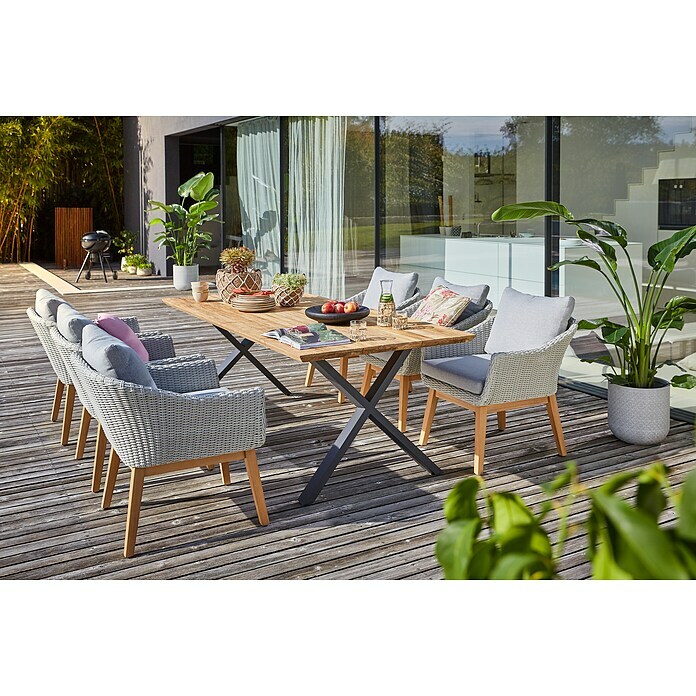 Sunfun Paula Gartenmöbel-Set XL (8 -tlg., Schweizer-Kante/X-Gestell, Teak/Edelstahl/Polyrattan/Aluminium, Teak/Grau/Naturbraun) | BAUHAUS