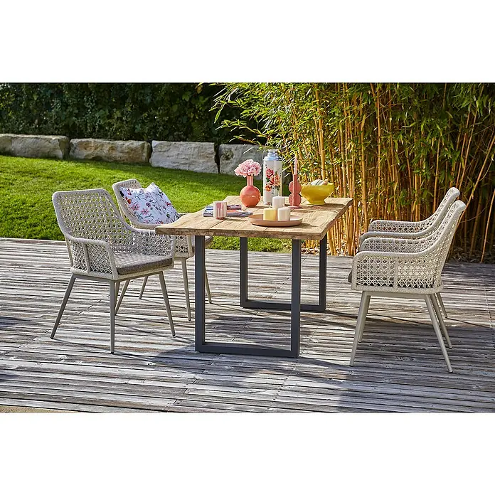 Sunfun Gartenmöbel-Set Zoe Dining - 6 -tlg., Baumkante/U-Gestell, Teak/Edelstahl/Aluminium/Kunststoffgeflecht, Teak/Grau/Sand - Einladende Gartensitzgruppe mit robustem Holztisch und stilvollen Rattan-Stühlen, perfekt für entspannte Stunden im Freien.
