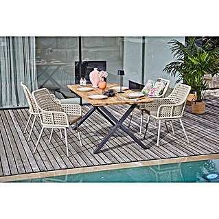 Sunfun Gartenmöbel-Set Zoe Dining (6 -tlg., Schweizer-Kante/X-Gestell, Teak/Edelstahl/Aluminium/Kunststoffgeflecht, Teak/Grau/Sand)