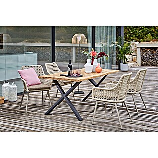 Sunfun Gartenmöbel-Set Zoe Dining (6 -tlg., Baumkante/X-Gestell, Teak/Edelstahl/Aluminium/Kunststoffgeflecht, Teak/Grau/Sand)