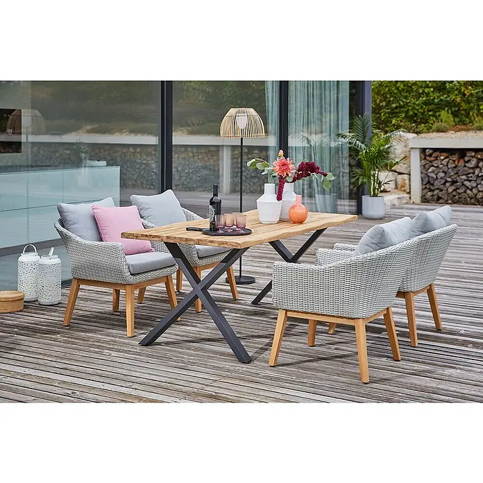 Sunfun Paula Gartenmöbel-Set XL - 6 -tlg., Baumkante/X-Gestell, Teak/Edelstahl/Polyrattan/Aluminium, Teak/Grau/Naturbraun - Elegante Gartensitzgruppe mit Holztisch und Korbstühlen mit weichen Kissen, ideal für entspannte Stunden im Freien.