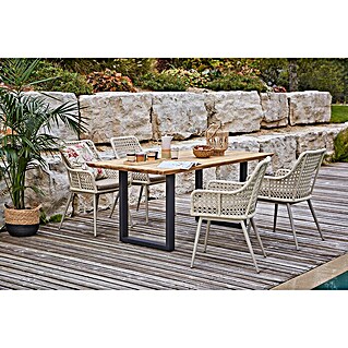 Sunfun Gartenmöbel-Set Zoe Dining (6 -tlg., Schweizer-Kante/U-Gestell, Teak/Edelstahl/Aluminium/Kunststoffgeflecht, Teak/Grau/Sand)