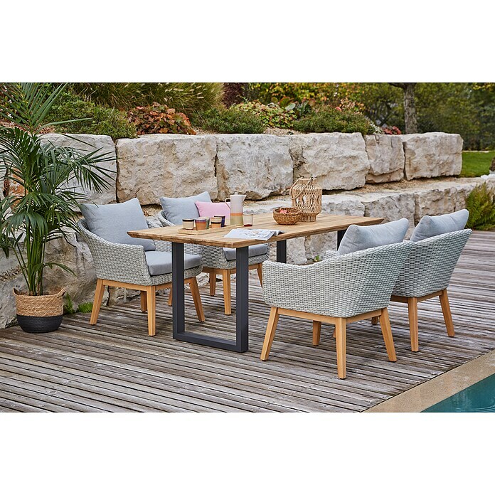 Sunfun Paula Gartenmöbel-Set XL (6 -tlg., Schweizer-Kante/U-Gestell, Teak/Edelstahl/Polyrattan/Aluminium, Teak/Grau/Naturbraun) | BAUHAUS