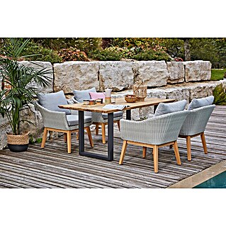 Sunfun Paula Gartenmöbel-Set XL (6 -tlg., Schweizer-Kante/U-Gestell, Teak/Edelstahl/Polyrattan/Aluminium, Teak/Grau/Naturbraun)