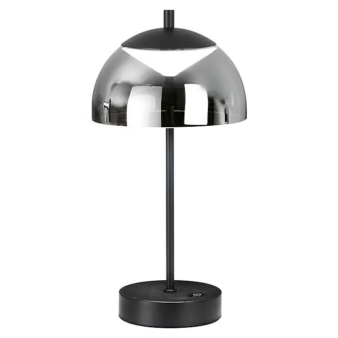 FHL easy Akku-Tischleuchte RIVA - 2 W, L x B x H: 18 x 18 x 35 cm, Rauchfarben/ Sandschwarz, Mehrfarbig, Glas - Schwarze Tischleuchte mit reflektierendem Kuppelschirm und sichtbarer Lichtquelle.