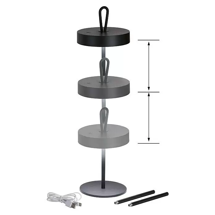 FHL easy Akku-Tischleuchte DORD - 2,5 W, L x B x H: 12,8 x 12,8 x 46,6 cm, Sandschwarz, Warmweiß - Vertikaler schwarz-grauer kabelloser Ladeständer mit drei runden Pads. Inklusive USB-C-Kabel und zwei Verlängerungsstangen.
