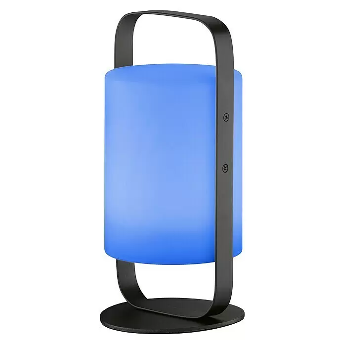 FHL easy Akku-Tischleuchte CASOLI - 0,4 W, L x B x H: 12 x 12 x 25 cm, Sandschwarz, RGB - Tragbare Lampe mit leuchtendem blau-violettem Zylinder und dunkelgrauem Griff-Ständer.