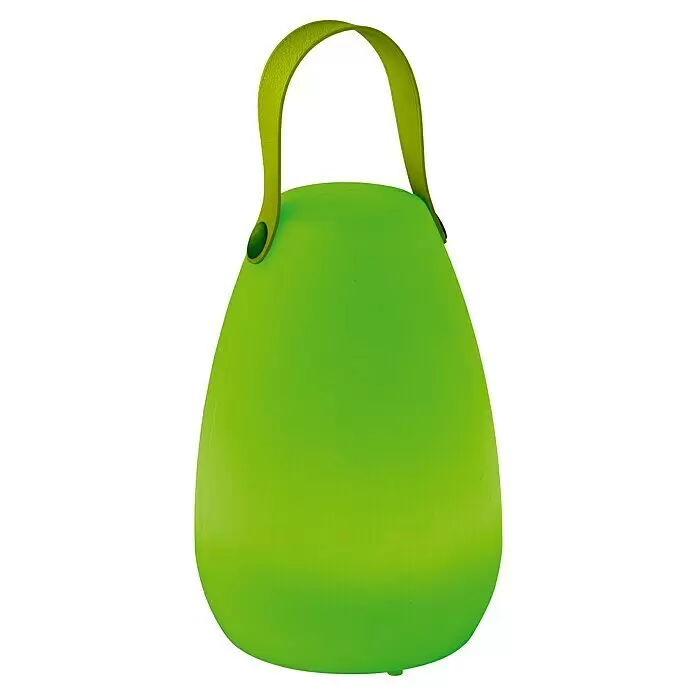 FHL easy Akku-Tischleuchte RUBY - 0,7 W, L x B x H: 14 x 14 x 20 cm, Weiß, RGBW, 1 Stk. - Transparente grüne birnenförmige tragbare Laterne mit strukturiertem Griffband.