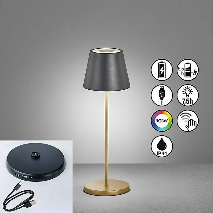 FHL easy Akku-Tischleuchte COSENZA 2.0 - 2 W, L x B x H: 11 x 11 x 34 cm, Sandschwarz/Gold, RGB - Wiederaufladbare gold-dunkelgraue Tischleuchte mit USB-C-Ladefunktion, RGBW-Licht, Touch-Steuerung, IP44-Schutz und Akkulaufzeit-Symbolen.