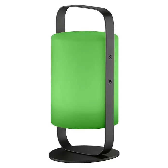 FHL easy Akku-Tischleuchte CASOLI - 0,4 W, L x B x H: 12 x 12 x 25 cm, Sandschwarz, RGB - Grüne zylindrische tragbare Laterne mit schwarzem Metallbügel und Sockel.