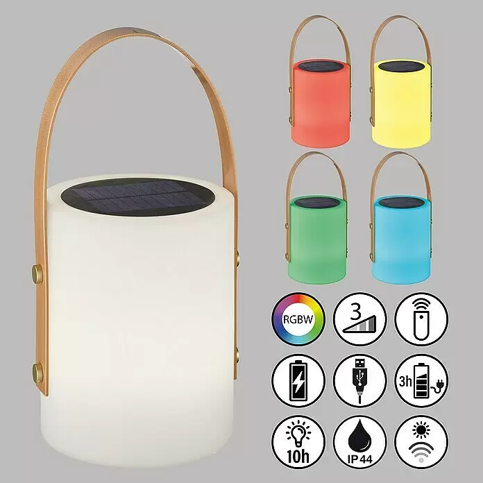 FHL easy Akku-Tischleuchte BARI - 0,5 W, L x B x H: 16 x 16 x 34 cm, Weiß, RGB - Vielseitige zylindrische Solar-LED-Laterne mit braunem Griff, in Weiß und mehreren Farben, mit RGBW, Dimmfunktion und Fernbedienung.
