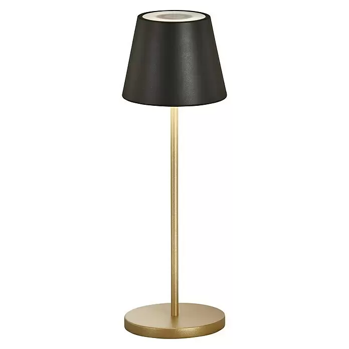 FHL easy Akku-Tischleuchte COSENZA 2.0 - 2 W, L x B x H: 11 x 11 x 34 cm, Sandschwarz/Gold, RGB - Eine goldfarbene Tischleuchte mit schwarzem konischem Schirm und weiß beleuchteter Oberseite.