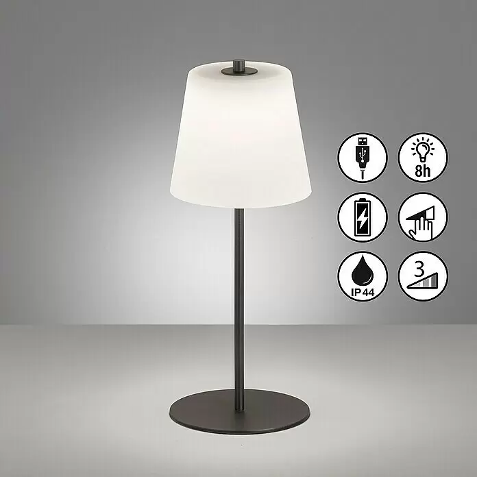 FHL easy Akku-Tischleuchte MARBELLA - 2 W, L x B x H: 14 x 14 x 35 cm, Opalglas/ Sandschwarz, Warmweiß - Wiederaufladbare dunkle Metall-Tischleuchte mit weißem, konischem Diffusor, 3-stufig dimmbar und IP44 spritzwassergeschützt.