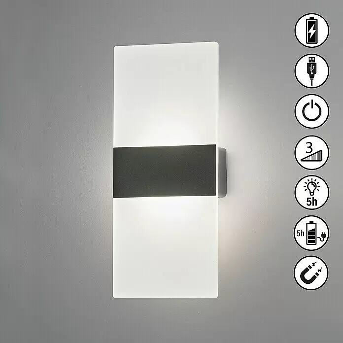 FHL easy Magnetic Akku-Wandleuchte - 3,8 x 9,6 x 22,5 cm, Schwarz, Warmweiß, 2 W, IP20 - Rechteckige, wiederaufladbare LED-Wandleuchte mit mattweißer Abdeckung, dunklem Akzent, Magnetbefestigung, USB-Ladefunktion und 3-Stufen-Dimmung.