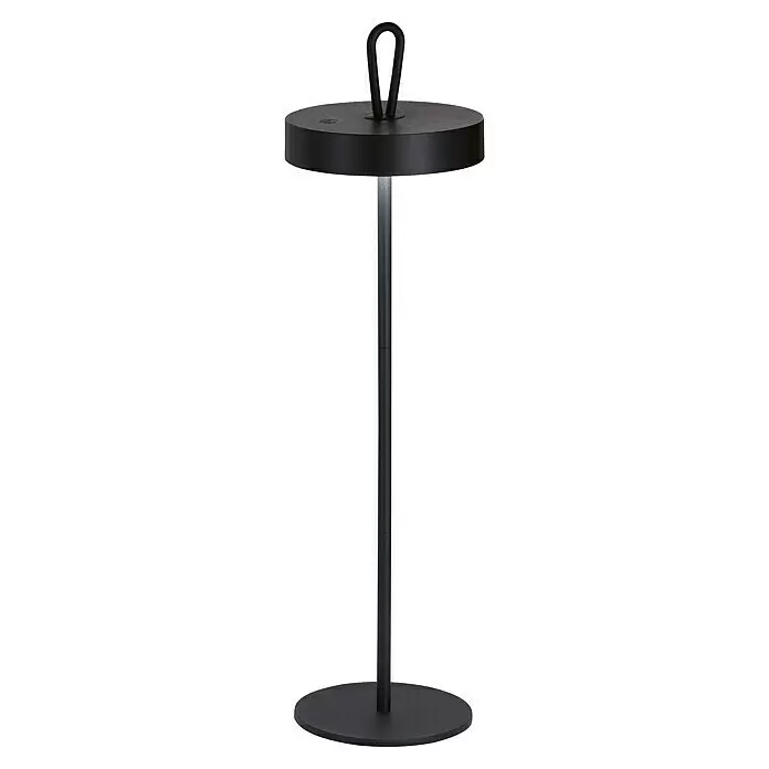 FHL easy Akku-Tischleuchte DORD - 2,5 W, L x B x H: 12,8 x 12,8 x 46,6 cm, Sandschwarz, Warmweiß - Schwarze moderne Tischleuchte mit zylindrischem Ständer, rundem Fuß und Tragegriff oben.
