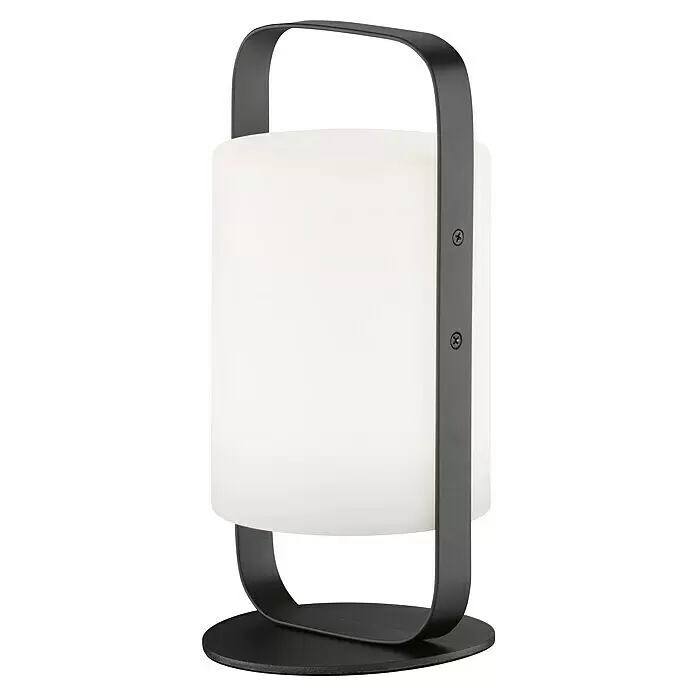FHL easy Akku-Tischleuchte CASOLI - 0,4 W, L x B x H: 12 x 12 x 25 cm, Sandschwarz, RGB - Tragbare Lampe mit weißem zylindrischem Schirm und dunkelgrauem Metallgriff und -fuß.