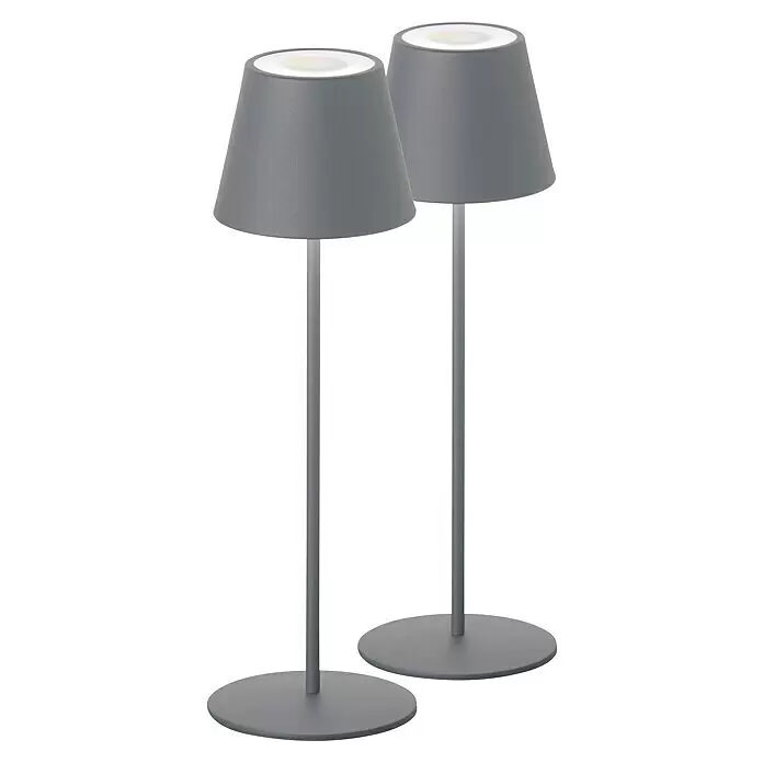 FHL easy Akku-Tischleuchte COSENZA - 2 W, L x B x H: 12 x 12 x 38 cm, Sand, RGB, 2 Stk. - Zwei matte graue Metalltischlampen mit konischen Schirmen und runden Füßen.