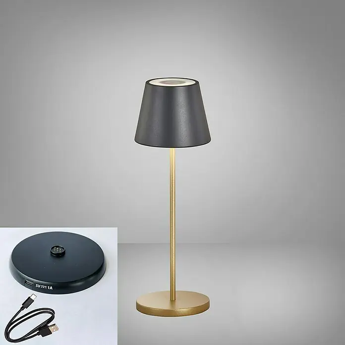 FHL easy Akku-Tischleuchte COSENZA 2.0 - 2 W, L x B x H: 11 x 11 x 34 cm, Sandschwarz/Gold, RGB - Elegante Tischleuchte mit einem schlanken goldenen Ständer und einem modernen grauen Lampenschirm, inklusive Ladestation und Kabel.