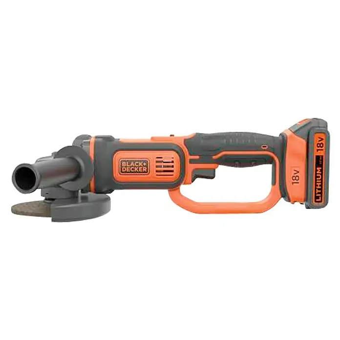 Black+Decker Amoladora angular de batería BCG720M1 - Iones de litio, 4 Ah, 1 batería, Diámetro disco: 125 mm, 8.600 r.p.m. - Imagen de una amoladora angular inalámbrica Black+Decker de 18V, ideal para tareas de esmerilado y corte. Diseño compacto con una carcasa robusta.