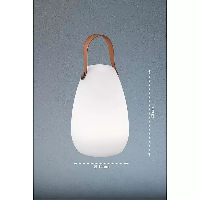 FHL easy Akku-Tischleuchte RUBY - 0,7 W, L x B x H: 14 x 14 x 20 cm, Weiß, RGBW, 1 Stk. - Weiße ovale tragbare Laterne mit braunem Ledergriff.