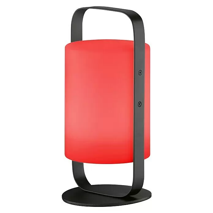 FHL easy Akku-Tischleuchte CASOLI - 0,4 W, L x B x H: 12 x 12 x 25 cm, Sandschwarz, RGB - Tragbare zylindrische rote Lampe mit schwarzem Metallrahmen und Griff.