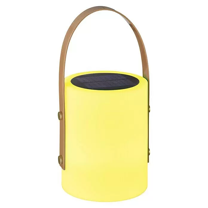 FHL easy Akku-Tischleuchte BARI - 0,5 W, L x B x H: 16 x 16 x 34 cm, Weiß, RGB - Gelbe zylindrische Solarlaterne mit braunem Tragegriff.
