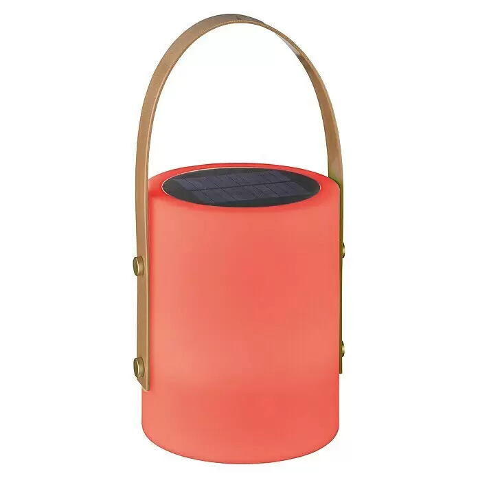 FHL easy Akku-Tischleuchte BARI - 0,5 W, L x B x H: 16 x 16 x 34 cm, Weiß, RGB - Tragbares, solarbetriebenes zylindrisches Licht in Rosa-Rot mit schwarzem Solarpanel und beigem Griff.