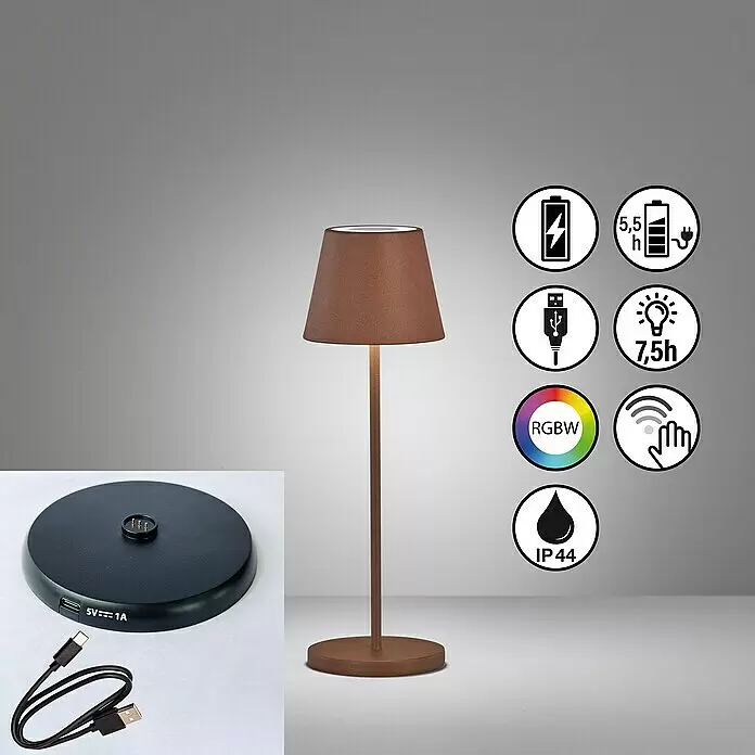 FHL easy Akku-Tischleuchte COSENZA 2.0 - 2 W, L x B x H: 11 x 11 x 34 cm, Rost, RGB - Braune wiederaufladbare Tischleuchte mit konischem Schirm, Ladestation und USB-C-Kabel.