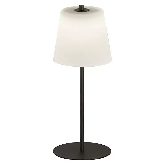 FHL easy Akku-Tischleuchte MARBELLA - 2 W, L x B x H: 14 x 14 x 35 cm, Opalglas/ Sandschwarz, Warmweiß - Schwarze und weiße tragbare Tischleuchte mit konischem Schirm und rundem Sockel.